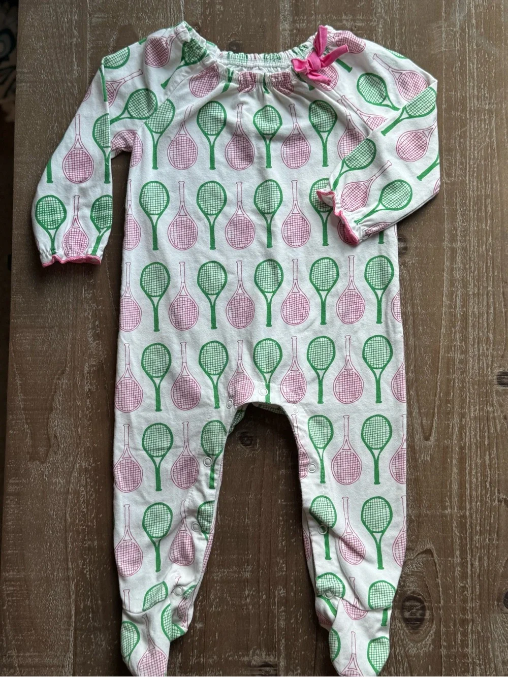 +Mud Pie Pink Green Pickleball Print Footed One-Piece 6-9M Baby Girl Preppy